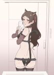 1girl anal_tail animal_ears ass bangs bridal_gauntlets brown_hair cat_ears commentary_request crotchless crotchless_panties fake_tail fishnet_sleeves highres humiyou idolmaster idolmaster_million_live! kitazawa_shiho long_hair panties parted_bangs pussy_juice reflection selfie solo sweat tail thighhighs underwear yellow_eyes 