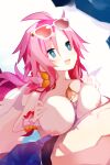  1boy 1girl alternate_breast_size artina_(disgaea) blue_eyes blush breasts disgaea eyewear_on_head hair_intakes highres large_breasts long_hair looking_at_viewer makai_senki_disgaea_4 nanozenzen navel nipples paizuri pink_hair sidelocks smile sunglasses 