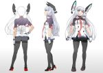  1girl ass back bangs black_pantyhose blunt_bangs breasts dress full_body gloves grey_hair hair_ribbon hand_on_hip headgear high_heels kantai_collection long_hair minazuki_tsuyuha multiple_persona murakumo_(kancolle) murakumo_kai_ni_(kancolle) necktie orange_eyes pantyhose red_necktie ribbon sailor_dress short_eyebrows short_sleeves sidelocks small_breasts thighband_pantyhose tress_ribbon 