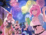  4girls :d animal_ears back bangs bare_shoulders bikini black_bikini blue_eyes blue_jacket breasts brown_hair cat_ears cat_girl cat_tail cleavage cup drinking_straw elf elysia_(honkai_impact) eyewear_on_head fireworks frilled_bikini frills green_hair grin hair_bun highres holding holding_cup honkai_(series) honkai_impact_3rd jacket juice long_hair looking_at_viewer medium_hair mobius_(honkai_impact) multiple_girls night night_sky one-piece_swimsuit outdoors palm_tree pardofelis_(honkai_impact) pink_hair pointy_ears purple_eyes see-through see-through_sleeves short_hair single_hair_bun sky smile sunglasses swimsuit tail teeth tree twintails wavy_hair weeiskaw white_bikini yae_sakura yae_sakura_(goushinnso_memento) 