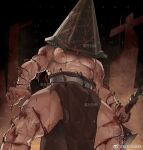  1boy abs bara blood blood_on_hands caiothevici helmet holding holding_sword holding_weapon large_pectorals loincloth male_focus monster muscular muscular_male navel nipples pectorals pyramid_head silent_hill_(series) silent_hill_2 solo sword thick_thighs thighs topless_male weapon weibo_username 