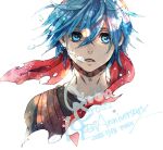  1boy air_bubble artist_name bandana bangs black_shirt blue_eyes blue_hair bubble chrono_cross crossed_bangs dated hair_between_eyes looking_at_viewer male_focus parted_lips red_bandana serge_(chrono_cross) shirt short_hair solo tokio_(okt0w0) upper_body vest white_background 