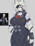  anthro breasts canid canine canis chain clothed clothing crossgender eye_patch eyewear female fingerless_gloves fur gloves hand_behind_back handwear hi_res mammal solo tozamtr von_lycaon white_body white_fur wolf zenless_zone_zero 