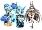  3girls animal_ears breasts chest_jewel detached_sleeves facial_mark hata_(transistor_baby) highleg highleg_leotard ice_horns large_breasts leotard long_hair low_twintails multiple_girls navel nia_(blade)_(xenoblade) nia_(xenoblade) praxis_(xenoblade) theory_(xenoblade) thighhighs twintails very_long_hair xenoblade_chronicles_(series) xenoblade_chronicles_2 yellow_eyes 