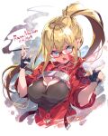  1girl :o armored_core armored_core:_master_of_arena blonde_hair blue_eyes breasts character_name commentary_request crop_top fingerless_gloves fujishima-sei_ichi-gou glasses gloves hair_between_eyes hashtag highres lana_nielsen large_breasts long_hair looking_at_viewer pointing ponytail red-framed_eyewear smoke_trail solo v-shaped_eyebrows white_background 