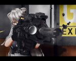  1girl absurdres ahoge aiming animal_ears assault_rifle bangs black_gloves buttons commentary denim dog_tags ear_piercing eotech foregrip gloves grey_eyes grey_hair grey_shirt gun h&amp;k_hk416 hair_between_eyes highres holding holding_weapon hololive jeans lion_ears lion_girl pants piercing rifle shirt shishiro_botan sleeves_rolled_up solo tomii_(tomii_comet) unbuttoned unbuttoned_shirt unbuttoned_sleeves upper_body virtual_youtuber weapon white_shirt 