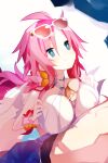  1boy 1girl alternate_breast_size artina_(disgaea) bikini blue_eyes blush breasts disgaea eyewear_on_head hair_intakes highres large_breasts long_hair looking_at_viewer makai_senki_disgaea_4 nanozenzen navel paizuri pink_hair sidelocks smile sunglasses swimsuit 