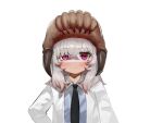  1girl :| bangs black_necktie blue_shirt blush closed_mouth collared_shirt commentary_request dokomon grey_hair hair_between_eyes half-life headcrab highres korean_commentary labcoat looking_at_viewer necktie open_clothes purple_eyes shirt simple_background white_background 