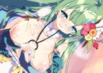  1girl blush breasts breasts_out breath bridal_gauntlets character_request commentary_request cum cum_on_body cum_on_breasts dutch_angle facial flower fujishima-sei_ichi-gou gloves green_eyes green_gloves green_hair hair_flower hair_ornament hand_on_own_chest heart heart-shaped_pupils highres indie_virtual_youtuber large_breasts long_hair looking_at_viewer nipples o-ring o-ring_top open_mouth single_bridal_gauntlet solo symbol-shaped_pupils upper_body virtual_youtuber 