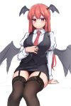  1girl absurdres arm_support bat_wings breasts expressionless feet_out_of_frame forneus_0 garter_straps head_wings highres knees_together_feet_apart koakuma large_breasts long_hair long_sleeves looking_at_viewer miniskirt necktie panties red_eyes red_hair shirt simple_background sitting sketch skirt solo thighhighs touhou underwear vest white_background wings 