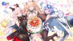  3girls absurdres aegir_(azur_lane) anchorage_(azur_lane) animal_ears azur_lane bangs bare_shoulders bird black_cape blonde_hair blue_eyes blue_hair blush bodystocking breast_curtains breasts cake cape chick cleavage closed_eyes coat coat_on_shoulders cross cross_earrings crossed_bangs earrings elbow_gloves fake_animal_ears food gloves highres horns jewelry kanola_u large_breasts long_hair looking_at_viewer manjuu_(azur_lane) multicolored_hair multiple_girls new_jersey_(azur_lane) one_eye_closed open_mouth rabbit_ears red_hair smile streaked_hair thighs very_long_hair white_coat white_gloves white_hair yellow_eyes 