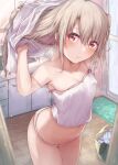  1girl absurdres bangs bathing bathroom blush breasts collarbone fate/kaleid_liner_prisma_illya fate_(series) hair_between_eyes highres illyasviel_von_einzbern long_hair looking_at_viewer navel nipples open_mouth panties purple_eyes seven_d3t small_breasts solo standing steam thighhighs underwear wet white_hair x_navel 