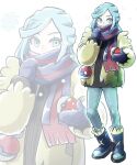  1boy androgynous blue_eyes blue_hair boots chamaji denim eyebrows_hidden_by_hair full_body grusha_(pokemon) highres jacket jeans male_focus mittens pants poke_ball poke_ball_(basic) poke_ball_print pokemon pokemon_(game) pokemon_sv scarf scarf_over_mouth snowflakes solo striped striped_scarf two-tone_scarf yellow_jacket 