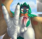  angry anthro avian balls barefoot bartucthebloody beak bird bird_feet city claws cloud day decidueye erection feathered_wings feathers feet foot_focus genitals green_claws hi_res leaf low-angle_view macro male nintendo penis pok&eacute;mon pok&eacute;mon_(species) pseudo_clothing sky solo standing talons video_games white_body white_skin wings yellow_eyes 