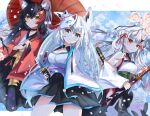  3girls animal_ear_fluff animal_ears bangs black_hair black_skirt blurry blurry_background braid breasts cherry_blossoms commentary_request double_bun fox_ears fox_girl fox_mask green_eyes hair_between_eyes hair_bun hair_ornament hair_ribbon hairclip highres holding holding_sword holding_umbrella holding_weapon hololive horns karma_(nakiri_ayame) katana long_hair looking_at_viewer mask mask_on_head medium_breasts multicolored_hair multiple_girls nakiri_ayame obi oil-paper_umbrella oni_horns ookami_mio petals red_eyes red_hair ribbon sash shirakami_fubuki shiranui_(nakiri_ayame) shirt sidelocks single_braid skirt small_breasts soma443 streaked_hair sword umbrella weapon white_hair white_shirt wolf_ears wolf_girl yellow_eyes 