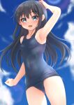  1girl absurdres asashio_(kancolle) ass_visible_through_thighs black_hair blue_eyes blue_sky blue_swimsuit blush breasts cloud collarbone covered_navel cowboy_shot day hair_between_eyes highres kantai_collection long_hair looking_at_viewer makura_(y_makura) old_school_swimsuit open_mouth outdoors school_swimsuit sky small_breasts smile solo swimsuit 