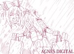  agnes_digital_(umamusume) animal_ears bag casual character_name comiket_100 commentary_request crying horse_ears horse_girl horse_tail looking_up monochrome open_mouth outstretched_arms parody rain spread_arms taguchi_kenji_(omaep) tail umamusume 