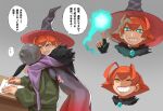  ... 1girl 1other ambiguous_gender aqua_eyes arms_around_neck bodysuit breast_press breasts cape closed_eyes fingerless_gloves gloves grin hat helmet impossible_bodysuit impossible_clothes large_breasts magic mob_face narisokonai orange_hair original quill skin_tight smile spoken_ellipsis translation_request witch witch_hat writing 