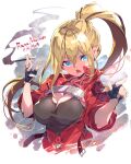  1girl :o armored_core armored_core:_master_of_arena blonde_hair blue_eyes breasts character_name commentary_request crop_top fingerless_gloves fujishima-sei_ichi-gou gloves hair_between_eyes hashtag highres lana_nielsen large_breasts long_hair looking_at_viewer pointing ponytail smoke_trail solo v-shaped_eyebrows white_background 