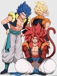  3boys abs baggy_pants bangs biceps blonde_hair blue_eyes blue_hair closed_mouth commentary_request dragon_ball dragon_ball_gt dragon_ball_super gogeta grey_background grin halo hands_on_hips highres large_pectorals looking_at_viewer metamoran_vest monkey_boy monkey_tail multiple_boys muscular muscular_male pants pectorals red_hair sash sideways_glance simple_background sitting smile spiked_hair standing super_saiyan super_saiyan_4 tail tsuki_0960 twitter_username vegetto wrist_cuffs 