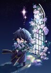  1boy black_pants bouquet chibi closed_eyes commentary dark_blue_hair film_grain flower fy_fei_xiao_ya highres holding holding_bouquet long_sleeves male_focus night night_sky pants purple_robe robe rose saibou_shinkyoku short_hair sky solo sparkle stained_glass standing star_(symbol) stole utsugi_noriyuki white_flower white_rose wide_sleeves 