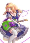  1girl :d \m/ absurdres bangs blonde_hair blunt_bangs commentary dress elbow_gloves electric_guitar english_commentary garter_straps gloves green_eyes guitar heanna_sumire highres holding holding_instrument instrument knee_up long_hair looking_at_viewer love_live! love_live!_superstar!! medium_dress mixed-language_commentary music nonfiction!!_(love_live!) playing_instrument puffy_short_sleeves puffy_sleeves purple_dress ringlets short_bangs short_sleeves showgirl_skirt simple_background smile solo teeth thighhighs tiara upper_teeth ushio_ochinashi v-shaped_eyebrows white_background white_gloves white_thighhighs 
