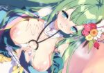  1girl blush breasts breasts_out breath bridal_gauntlets character_request commentary_request dutch_angle flower fujishima-sei_ichi-gou gloves green_eyes green_gloves green_hair hair_flower hair_ornament hand_on_own_chest highres indie_virtual_youtuber large_breasts long_hair looking_at_viewer nipples o-ring o-ring_top open_mouth single_bridal_gauntlet solo upper_body virtual_youtuber 
