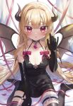  1girl :o absurdres bangs bare_shoulders black_choker black_dress black_gloves black_horns black_thighhighs black_wings blonde_hair blunt_bangs blush bow breasts bridal_garter choker cleavage collarbone commentary curtains demon_girl demon_horns demon_wings dress elbow_gloves eyelashes frills gloves hair_between_eyes hair_intakes hand_up heart highres horns jewelry long_hair looking_at_viewer medium_breasts o-ring original parted_lips pendant pendant_choker petals pink_bow pink_ribbon pointy_ears raised_eyebrows red_eyes ribbon shinzousan sidelocks sitting sleeveless sleeveless_dress solo thigh_strap thighhighs very_long_hair wariza window wings 