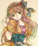  1girl armlet bangs bracer breasts brown_hair chrono_cross dress green_eyes hair_between_eyes hair_ornament hair_ribbon hairband holding_clover leena_(chrono_cross) long_hair medium_breasts orange_tunic painting_(medium) parted_lips purple_dress purple_ribbon ribbon short_sleeves sidelocks smile solo tokio_(okt0w0) traditional_media upper_body waist_sash watercolor_(medium) yellow_background 