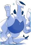  2020 absurd_res ambiguous_gender avian belly big_hands blue_belly eyes_closed feral hi_res legendary_pok&eacute;mon lugia multicolored_body nintendo on_one_leg po_chf pok&eacute;mon pok&eacute;mon_(species) raised_leg simple_background smile smooth_skin solo standing two_tone_body video_games watermark white_background white_body 