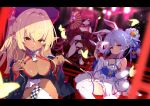  3girls alternate_costume animal_ears black_nails blonde_hair blurry blurry_background blurry_foreground breasts bug bunny_mask butterfly carrot_hair_ornament cleavage commentary_request crossed_legs dark-skinned_female dark_skin don-chan_(usada_pekora) eyepatch food-themed_hair_ornament fujishima-sei_ichi-gou glowing_butterfly hair_ornament hand_fan highres holding holding_mask hololive houshou_marine kiseru large_breasts looking_at_viewer mask mask_removed medium_breasts multicolored_hair multiple_girls nail_polish oiran orange_eyes paper_fan pointy_ears rabbit_ears rabbit_girl red_eyes red_hair shiranui_flare single_thighhigh sitting smile smoking_pipe streaked_hair thighhighs usada_pekora virtual_youtuber white_thighhighs wide_sleeves zettai_ryouiki 