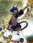  1girl androgynous animal_ears bastet_(otogi:spirit_agents) blue_hair copyright_name dark-skinned_female dark_skin hihara_you jackal_ears jackal_girl jackal_tail looking_at_viewer looking_down official_art open_mouth otogi:spirit_agents second-party_source solo yellow_eyes yellow_theme 