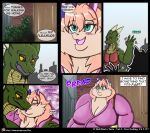  2019 absurd_res accessory anthro big_breasts blush bodily_fluids bow_ribbon breasts building city cityscape clothing colored comic domestic_cat door dragon duo english_text eyes_closed felid feline felis female gesture green_body green_scales hair hair_accessory hair_bow hair_ribbon hi_res horn house if_hell_had_a_taste kissing licking male mammal marci_hetson multicolored_body multicolored_scales muscular muscular_anthro muscular_male obese obese_anthro obese_female open_mouth overweight overweight_anthro overweight_female pink_hair plant red_eyes ribbons robe scales scar shirt shrub skylar_fidchell speech_bubble sweat sweatdrop teal_eyes text tongue tongue_out topwear two_tone_body two_tone_scales url viroveteruscy waving yellow_body yellow_scales yellow_sclera 