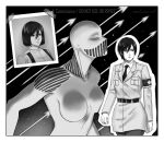  alternate_universe annlu_vazzel armband artist_name belt breasts commentary commission dated english_commentary greyscale hair_between_eyes highres jacket medium_breasts mikasa_ackerman military military_uniform monochrome necktie photo_(object) serious shingeki_no_kyojin short_hair titan_(shingeki_no_kyojin) uniform war_hammer_titan watermark 