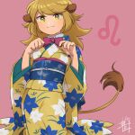  1girl :3 adjusting_bowtie animal_ears aoiyuya bangs blonde_hair blush bow bowtie japanese_clothes kimono leo lion_ears lion_girl lion_tail long_hair looking_at_viewer obi original sash signature slit_pupils solo tail traditional_bowtie v-shaped_eyebrows wide_sleeves yellow_eyes zodiac 