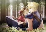 1boy 1girl :d aerith_gainsborough armor bandaged_arm bandages bangle bangs blonde_hair blue_eyes blue_pants blue_shirt bracelet braid braided_ponytail brown_hair choker church cloud_strife couple dress earrings final_fantasy final_fantasy_vii final_fantasy_vii_remake flower flower_bed full_body girl_on_top gloves green_eyes hair_between_eyes hair_ribbon indoors jacket jewelry long_dress looking_at_another open_mouth pants parted_bangs pink_dress pink_ribbon reclining red_jacket ribbon shirt short_hair short_sleeves shoulder_armor sidelocks single_earring smile spiked_hair suspenders sylvia_m teeth upper_teeth window yellow_flower 