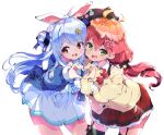  2girls :d ahoge animal_ears beret black_thighhighs blue_hair brown_eyes cardigan carrot_hair_ornament commentary_request cowboy_shot fang food-themed_hair_ornament fujishima-sei_ichi-gou fur-trimmed_jacket fur_trim garter_straps green_eyes hair_ornament hat heart heart_hands heart_hands_duo highres hololive jacket leaning_forward long_hair long_sleeves looking_at_viewer low_twintails multiple_girls pink_hair rabbit_ears rabbit_girl sakura_miko shiny shiny_hair simple_background skin_fang smile teeth thighhighs tied_ears twintails usada_pekora virtual_youtuber white_background 