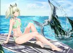  1girl absurdres alternate_costume animal_ears arknights barefoot bikini cat_ears full_body green_bikini green_eyes highres kal&#039;tsit_(arknights) light_green_hair looking_at_viewer mon3tr_(arknights) oripathy_lesion_(arknights) short_hair shuimonianhua solo surfboard swimsuit water 