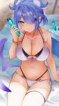  +_+ 1girl absurdres alternate_hairstyle aqua_eyes arm_support bangs beach bikini blue_hair blurry blurry_background breasts cleavage collarbone cooler dragon_girl dragon_wings drink ear_piercing elira_pendora from_above front-tie_bikini front-tie_top gfpebs grin hair_ornament hair_over_one_eye hairclip head_wings highleg highleg_bikini highres holding holding_drink ice jewelry key_necklace large_breasts layered_bikini light_blush looking_at_viewer low_wings lowleg lowleg_bikini mole navel necklace nijisanji nijisanji_en o-ring o-ring_bikini piercing pointy_ears ramune shade side-tie_bikini sidelocks sitting smile solo sweat swept_bangs swimsuit thick_eyelashes thigh_gap thigh_strap towel tsurime virtual_youtuber wings x_hair_ornament 