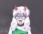  2_horns ahegao anthro baggy_clothing bovid caprine clothing collar collarbone cross-eyed deltarune domestic_goat eyewear floppy_ears fur gesture girly glasses goat hi_res horn looking_pleasured male male_anthro mammal open_mouth pink_eyes ralsei round_glasses simple_background solo tongue tongue_out undertale_(series) v_sign video_games white_body white_fur zelripheth 
