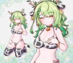  1girl amamii-amii animal_ears animal_print antlers bangs bare_shoulders bell bikini bracelet breasts ceres_fauna choker collarbone cow_ears cow_horns cow_print earrings flower green_hair hair_between_eyes hair_flower hair_ornament hairband hand_on_own_chest heart heart-shaped_pupils highres hololive hololive_english horns jewelry kneeling long_hair looking_at_viewer medium_breasts mole mole_under_eye navel neck_bell side-tie_bikini smile solo swimsuit symbol-shaped_pupils tail thighhighs yellow_eyes 