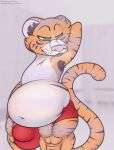  anthro belly big_belly big_bulge big_muscles bulge clothed clothing dadbod felid foxball fur genitals hi_res king_tiger_(kitty_pride) kitty_pride lying male mammal musclegut muscular muscular_anthro muscular_male navel obese obese_anthro obese_male on_front overweight overweight_anthro overweight_male pantherine partially_clothed penis simple_background smile solo standing tiger underwear video_games white_body white_fur 