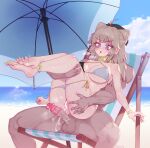  1boy 1girl aa-12_(girls&#039;_frontline) after_sex after_vaginal ahoge bar_censor barefoot beach bikini bikini_pull black_bikini blue_eyes blue_sky blush breasts censored clothes_pull cloud cum cum_in_pussy cum_string cumdrip double_bun eonsang feet girls&#039;_frontline grey_bikini hair_bun hetero highres large_breasts long_hair nail_polish outdoors parasol penis scrunchie side-tie_bikini sitting sky solo_focus swimsuit testicles two-tone_bikini umbrella wrist_scrunchie 