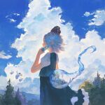  1girl black_hairband blue_sky bottle cloud commentary_request fjsmu from_side green_skirt green_vest grey_hair hairband highres hitodama holding holding_bottle konpaku_youmu konpaku_youmu_(ghost) looking_afar painting_(medium) shirt short_hair short_sleeves skirt sky solo touhou traditional_media vest white_shirt 