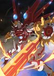  armor cloud cloudy_sky digimon digimon_(creature) digimon_savers double-blade fire flame gamiani_zero glowing highres horns no_humans shinegreymon sky solo spikes tail wings yellow_eyes 