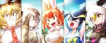  5girls animal_ears bald_eagle_(kemono_friends) bird_girl bird_wings blonde_hair blowhole blue_hair common_dolphin_(kemono_friends) crossed_arms dhole_(kemono_friends) dolphin_girl dorsal_fin dress fur_collar gakuran glasses head_wings highres kemono_friends kemono_friends_3 lion_(kemono_friends) lion_ears looking_at_viewer meerkat_(kemono_friends) meerkat_ears multicolored_hair multiple_girls nomigid orange_hair plaid_sleeves plaid_trim school_uniform sleeveless sleeveless_dress smile streaked_hair two-tone_sweater white_hair wings 