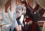  2girls absurdres akagi_(azur_lane) animal_ears azur_lane bangs black_gloves black_thighhighs blue_eyes blue_skirt breasts brown_hair cleavage cleavage_cutout closed_mouth clothing_cutout fox_ears fox_tail gloves grin hair_between_eyes haori highres indoors japanese_clothes kaga_(azur_lane) large_breasts long_hair long_sleeves looking_at_viewer miniskirt multiple_girls multiple_tails pleated_skirt red_eyes red_skirt shiny shiny_hair sitting skirt smile snacks00 standing straight_hair tail thighhighs very_long_hair white_hair wide_sleeves 