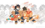  2boys abs absurdres alca_(wakatanka4) animal_ears bara bare_pectorals beard black_hair blush boogbogex chibi crotchless crotchless_pants facial_hair fist_in_hand full_body fundoshi grin gyee happy_birthday highres japanese_clothes lion_boy lion_ears lion_tail locked_arms male_focus mature_male multiple_boys multiple_persona muscular muscular_male original pants pectorals short_hair smile stomach tail thick_eyebrows 