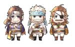  3boys beard brown_hair chibi crossed_arms eugen_(granblue_fantasy) eyepatch facial_hair full_body granblue_fantasy green_eyes hachimaki headband jacket jacket_on_shoulders jin_(granblue_fantasy) long_hair looking_at_viewer male_focus mature_male medium_hair midriff_peek multiple_boys mustache norazo ponytail scar scar_on_face scar_on_forehead scar_on_leg smile soriz spiked_hair straight-on white_hair 