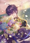  1boy ahoge bird black_nails bouquet crying crying_with_eyes_open daisy falling_petals flower forget-me-not_(flower) highres holding holding_bouquet hood hooded_jacket indie_virtual_youtuber jacket long_sleeves looking_at_viewer male_focus ocean open_mouth petals purple_eyes purple_hair purple_jacket qinze233 ribbed_sweater short_hair shoto_(vtuber) sparkle sunset sweater tears turtleneck turtleneck_sweater upper_body v-shaped_eyebrows virtual_youtuber 